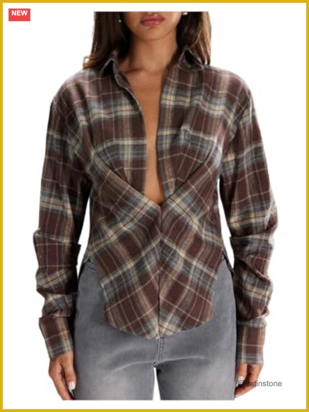 Women's Plaid Flannel Button Up Shirt Cinched Crop Top Long Sleeve
